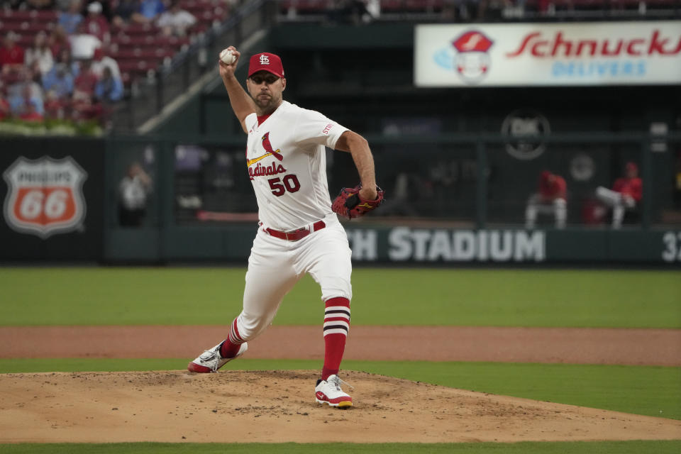 St. Louis Cardinals starting pitcher Adam Wainwright throws during the second inning of a baseball game against the Milwaukee Brewers Monday, Sept. 18, 2023, in St. Louis. (AP Photo/Jeff Roberson)