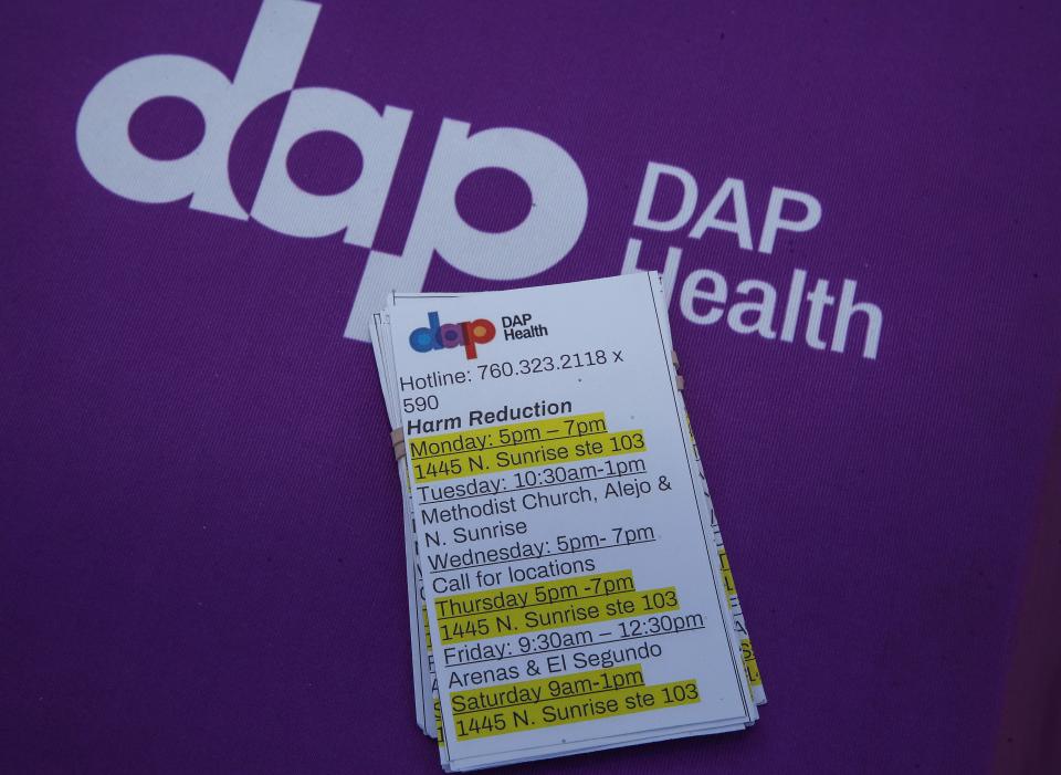 The listed days and times of the DAP Health mobile harm reduction clinic in Palm Springs, Calif., June 30, 2023.