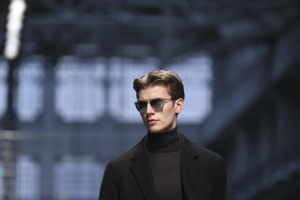 A model wears a creation for Costume National Homme men's Fall-Winter 2014 collection, part of the Milan Fashion Week, unveiled in Milan, Italy, Saturday, Jan.11, 2014. (AP Photo/Luca Bruno)