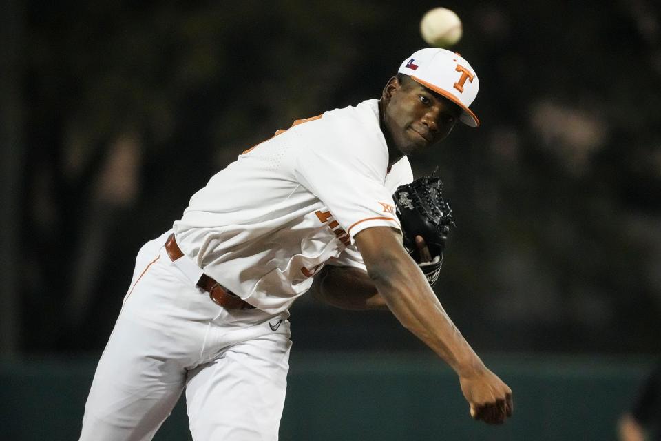 Texas pitcher Lebarron Johnson Jr. throws a pitch during Tuesday night's 3-0 loss to LSU. He pitched five shutout innings in his second start. In his last two starts, Johnson has struck out 17 batters. He could end up as part of the Longhorns' weekend rotation.