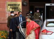 India's Finance Minister Nirmala Sitharaman arrives at the finance ministry before she leaves to present the federal budget in the parliament in New Delhi