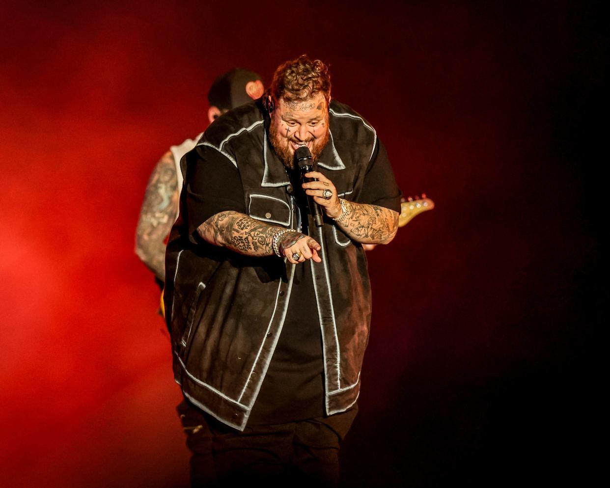 Jason Bradley DeFord, known professionally as Jelly Roll, performs in front of a sold out Grandstand at the Iowa State Fair on Saturday, Aug. 10, 2024.