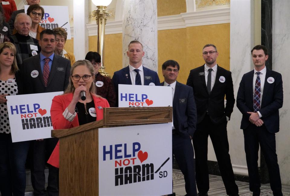 Rep. Bethany Soye introduces her bill that would restrict gender affirming care for children in the Capitol Rotunda on Jan. 17, 2023.