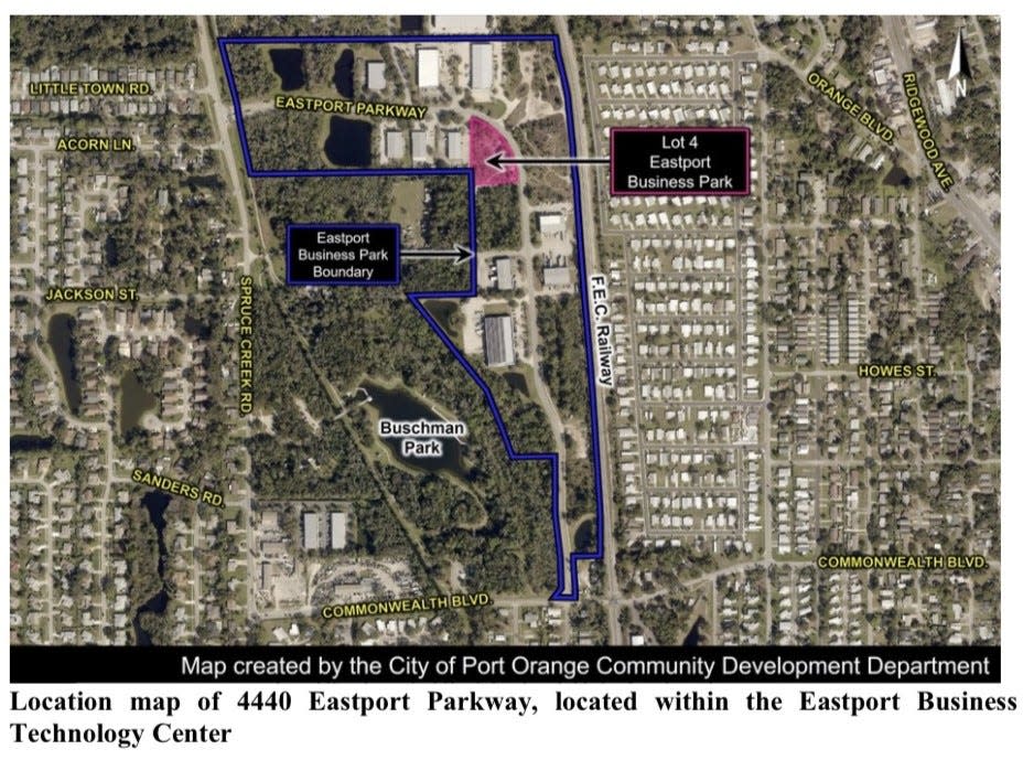 This is a screenshot of a graphic created by the City of Port Orange's community development department shows the site of a planned building at Eastport Industrial Park that would become the U.S. base of operations for a Hungarian fitness equipment maker called BeStrong. The company bought the vacant site, shown here as Lot 4, in September 2022, according to Volusia County property records.