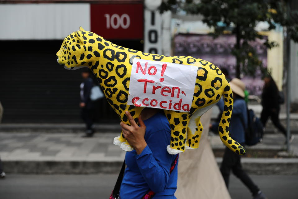 Farm workers and activists march along Reforma Avenue in Mexico City, Friday, Feb. 21, 2020. Demonstrators are protesting Mexican President Andre Manuel Lopez Obrador's infrastructure projects, including a thermoelectric plant in Morelos state and the "Mayan Train" on the Yucatan peninsula. (AP Photo/Eduardo Verdugo)