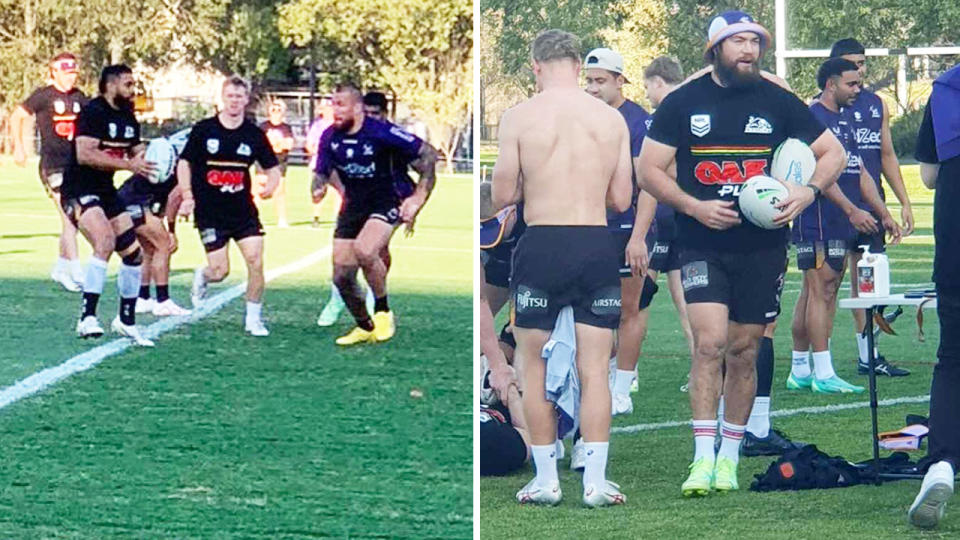 Melbourne Storm squad members, pictured here wearing Penrith Panthers jerseys at training.