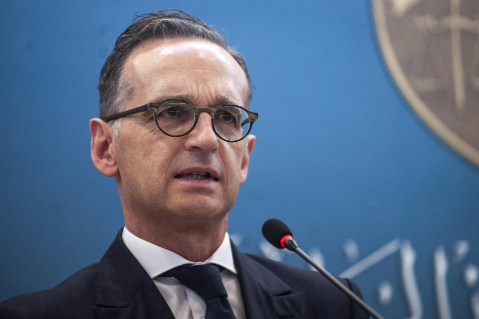 German Foreign Minister Heiko Maas speaks during a news conference, in Tunis, Tunisia, Monday, Oct. 28, 2019. (AP Photo/Hassene Dridi)