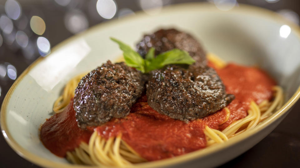 This version of spaghetti and meatballs, served at Tony's Town Square Restaurant inside Magic Kingdom Park, is made with Impossible meatballs that contain mushroom, garlic and basil. (Photo: Walt Disney World Resort)