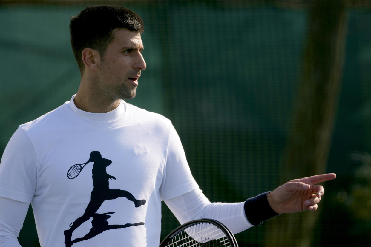 Serbian tennis player Novak Djokovic speaks and gestures during his open practise session in Belgrade, Serbia, Wednesday, Feb. 22, 2023. Djokovic said Wednesday he still hopes US border authorities would allow him entry to take part in two ATP Masters tennis tournaments despite being unvaccinated against the coronavirus. (AP Photo/Darko Vojinovic)
