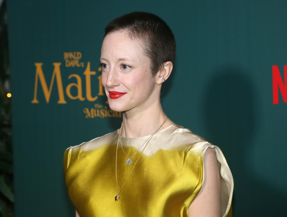 NEW YORK, NEW YORK - DECEMBER 07: Andrea Riseborough poses at a New York Special Screening of the Netflix film 