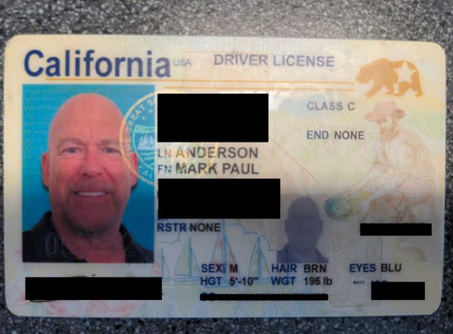 <p>U.S. Dept. of Justice</p> Mark Roy Anderson's fake driver's license.