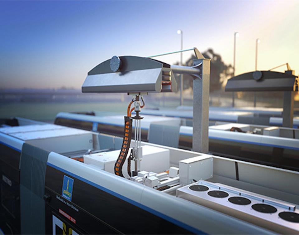 Flash (super-fast) charging of a Metro bus via rooftop equipment docking with an overhead charging arm. Brisbane Metro.