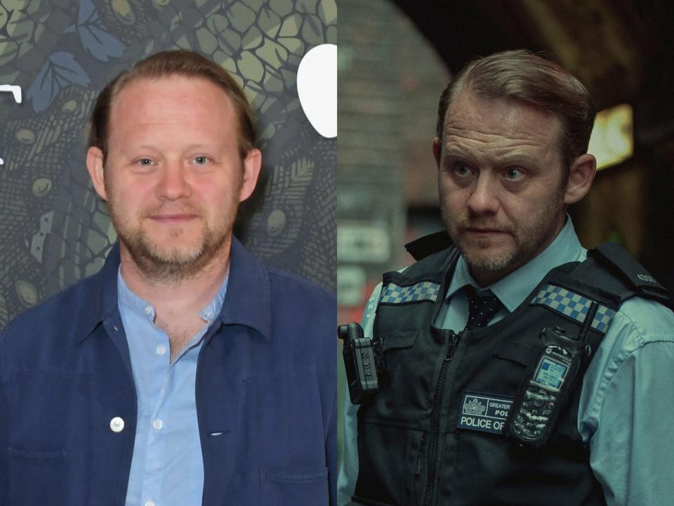 left: michael jibson in a light blue shirt and dark blue jacket, smiling; right: michael jibson as dci jack barber, in a police uniform, in bodies