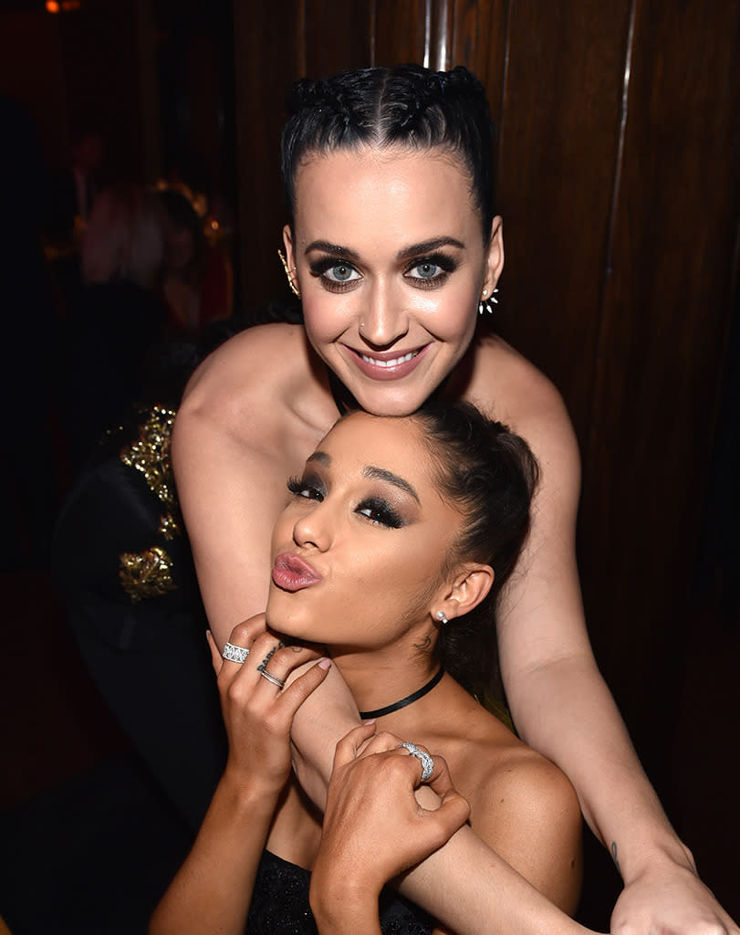 Recording artists Katy Perry (L) and Ariana Grande attend The Creators Party, Presented by Spotify, Cicada, Los Angeles at Cicada on February 13, 2016 in Los Angeles, California. Photo by John Shearer/Getty Images for Kitty Purry, Inc.