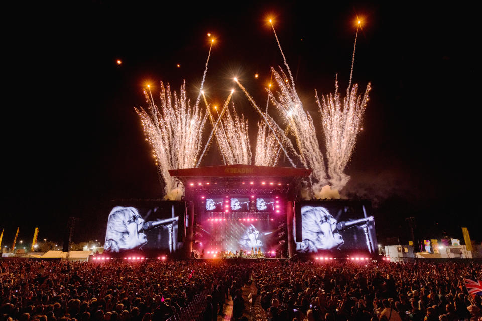 READING, ENGLAND - AUGUST 29:  (EDITORIAL USE ONLY) Fireworks go off at Liam Gallagher's set as he performs on Main Stage East during Reading Festival 2021 at Richfield Avenue on August 29, 2021 in Reading, England.  (Photo by Joseph Okpako/WireImage)
