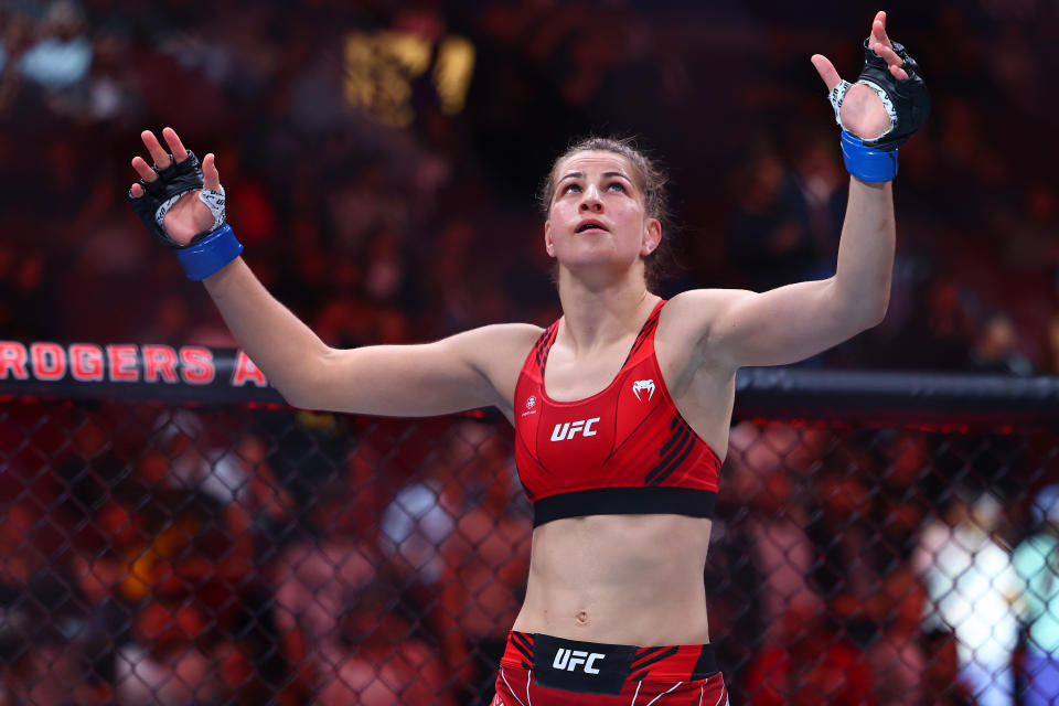 Jun 10, 2023; Vancouver, BC, Canada; Jasmine Jasudavicius reacts before fighting Miranda Maverick during UFC 289 at Rogers Arena. Mandatory Credit: Sergei Belski-USA TODAY Sports