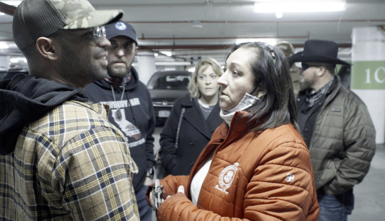 Image: Kellye SoRelle, back center, at a Jan. 5 meeting with Enrique Tarrio of the Proud Boys and Stewart Rhodes of the Oath Keepers. (U.S. Attorney’s Office for the District of Columbia)