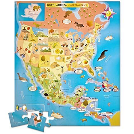 $19.29, Ingenio. <a href="https://www.amazon.com/North-America-Map-Bilingual-Puzzle/dp/B002JQWM9K/ref=sr_1_9/192-3810383-8578366?ie=UTF8&amp;s=toys-and-games&amp;qid=1251376777&amp;sr=1-9/spangl-20" target="_blank">Buy it here.<br /><br /></a>Piece by piece, kids will&nbsp;learn about North American geography in both Spanish and English with this puzzle. The&nbsp;map has each country and state&nbsp;labeled in both languages! &nbsp;