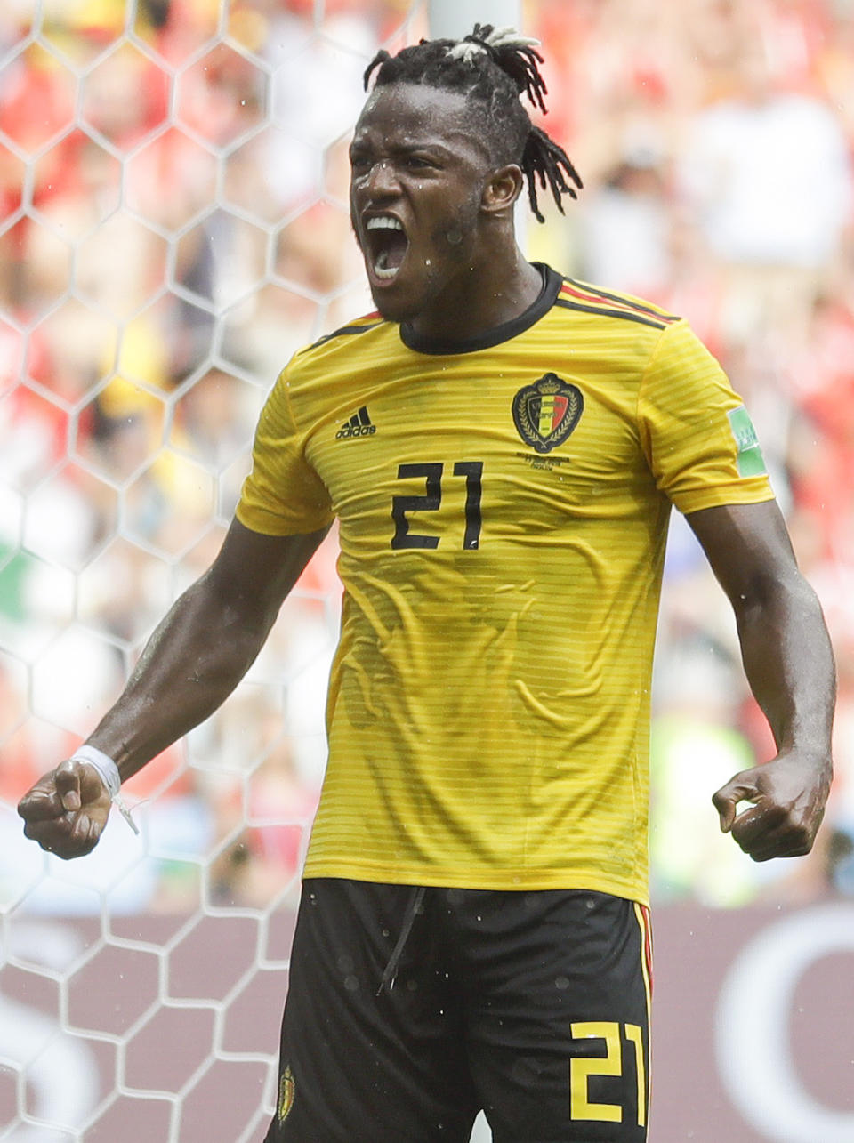<p>Belgium’s Michy Batshuayi celebrates after scoring his side’s fifth goal. </p>