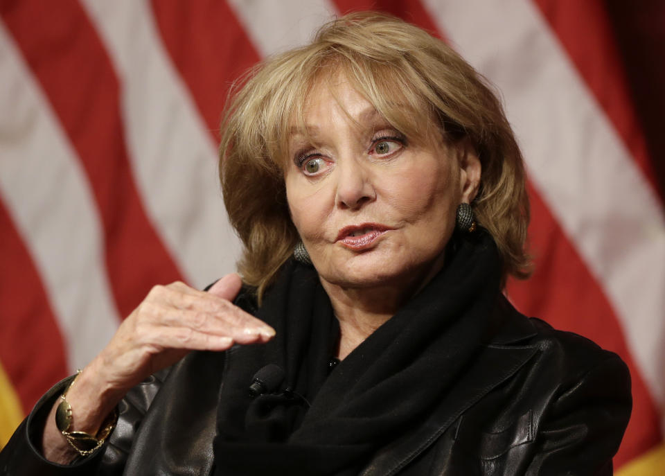 FILE - In this Oct. 7, 2014 file photo, Barbara Walters addresses an audience at the John F. Kennedy School of Government on the campus of Harvard University in Cambridge, Mass. Barbara Walters, the intrepid interviewer, anchor and program host who led the way as the first woman to become a TV news superstar during a network career remarkable for its duration and variety, has died, Friday, Dec. 30, 2022. She was 93. (AP Photo/Steven Senne, File)