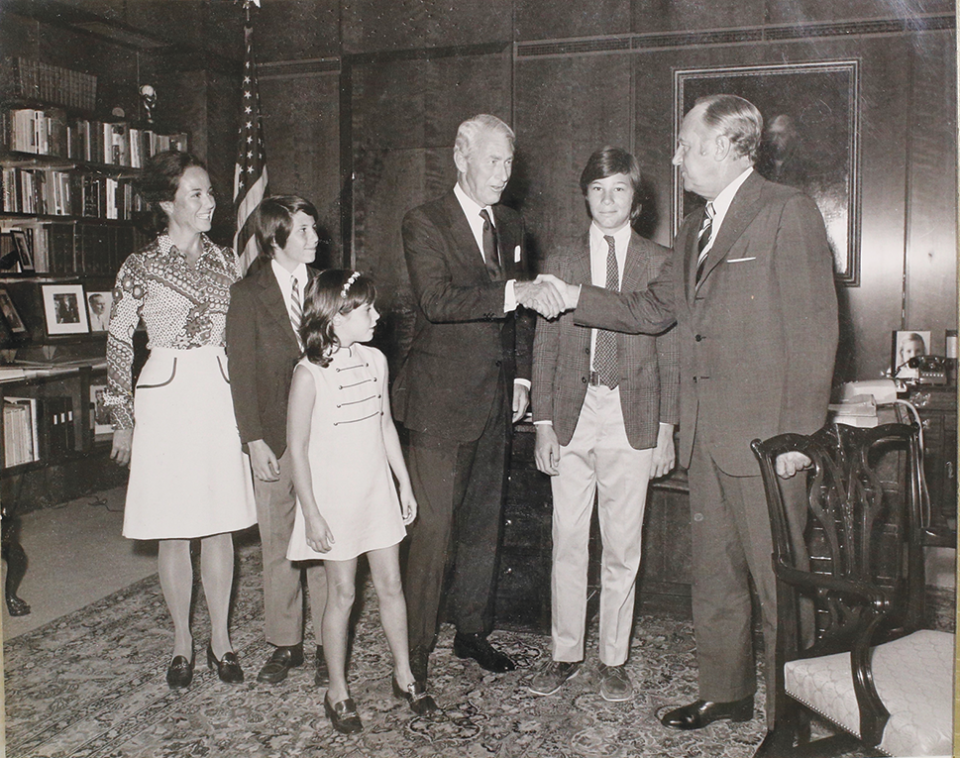 With his family in attendance, Charles Whitehouse is sworn in as the U.S. ambassador to Laos in 1973 by Secretary of State William P. Rogers. Future U.S. Sen. Sheldon Whitehouse is standing between his father and Rogers, and his mother, Molly Rand, is at left with his siblings, Charles and Sarah.