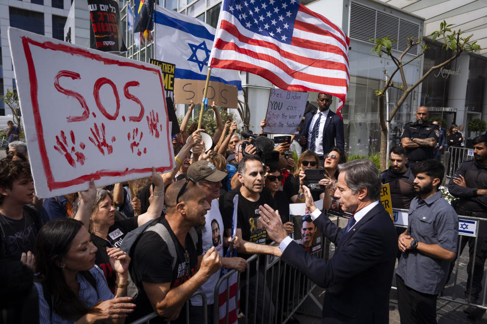 U.S. Secretary of State Antony Blinken speaks to families and supporters of Israeli hostages held by Hamas in Gaza during a protest calling for their return, after meeting families of hostages in Tel Aviv, Israel, May 1, 2024. / Credit: Oded Balilty/AP