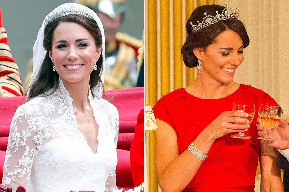 Left – Kate in the Cartier Halo tiara, Right – Kate in the Lotus Flower Tiara