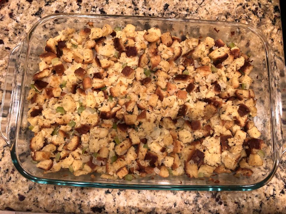 Gluten free stuffing that my family prepared for Thanksgiving in 2018.