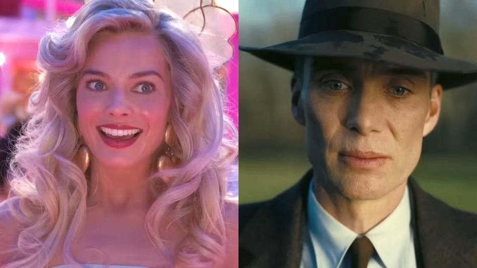 Margot Robbie's Barbie looking worried split with Cillian Murphy's Oppenheimer in a hat and suit 