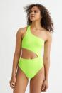 <p>This season, take a dip in this vibrant <span>H&amp;M High Leg One-shoulder Swimsuit</span> ($26, originally $35). We love the one-shoulder silhouette and the midriff cutout. The neon colorway is eye-catching and fun, and plus, it can double as a bodysuit with jean shorts.</p>
