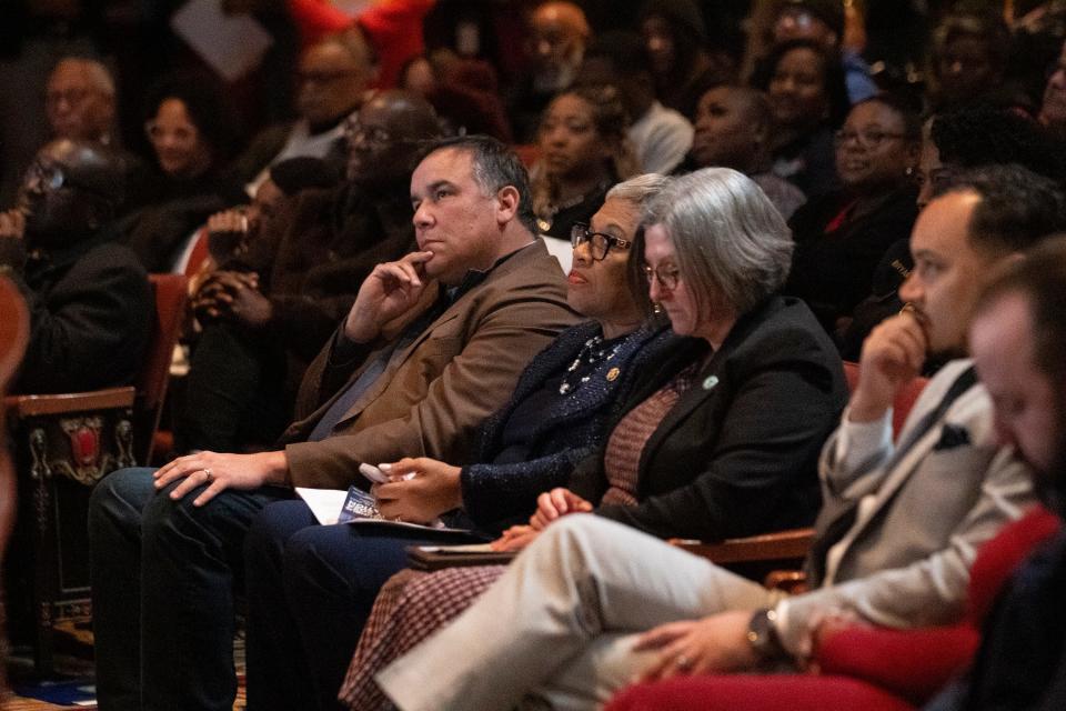 Jan 15, 2024; Columbus, Ohio, United States; SColumbus Mayor Andrew Ginther listens while sitting with Congresswoman Joyce Beatty during the 2024 City of Columbus Dr. Martin Luther King, Jr. Day Celebration at the Lincoln Theater.