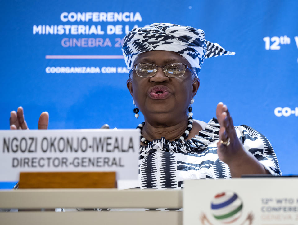 Director-General of the World Trade Organisation (WTO) Ngozi Okonjo-Iweala speaks during a press conference before the opening of the 12th Ministerial Conference at the headquarters of the World Trade Organization (WTO), in Geneva, Switzerland, Sunday, June 12, 2022. For the first time in 4 1/2 years, after a pandemic pause, government ministers from WTO countries will gather for four days starting Sunday to tackle issues like overfishing of the seas, COVID-19 vaccines for the developing world and food security. (Martial Trezzini/Keystone via AP)