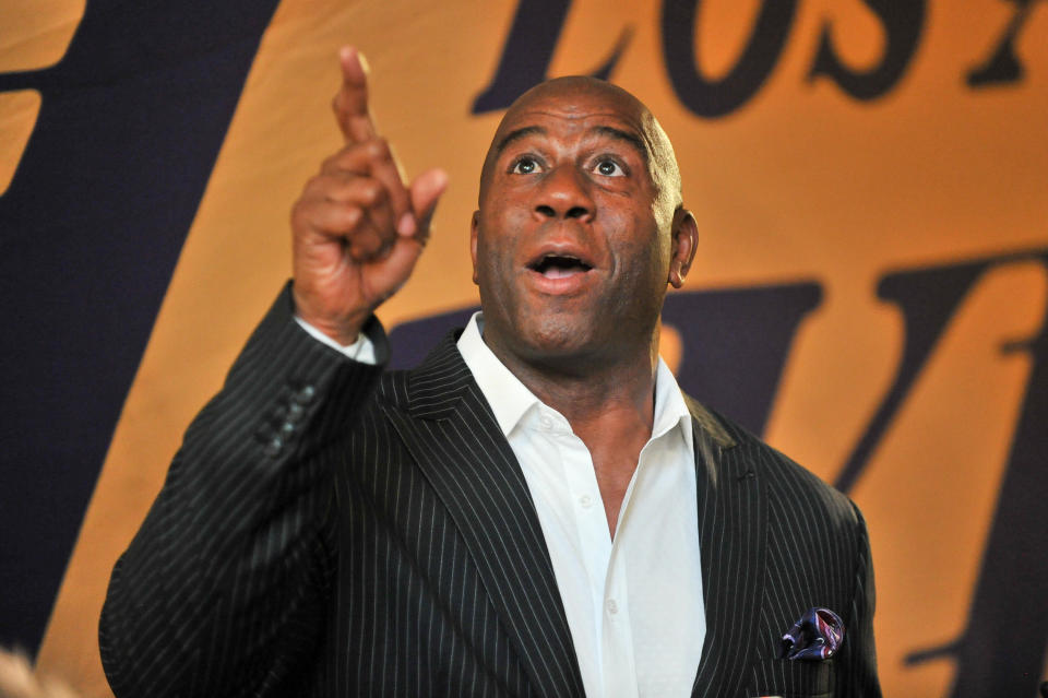 Magic Johnson at the NBA season opener between the Los Angeles Lakers and Los Angeles Clippers. (Photo: Allen Berezovsky via Getty Images)