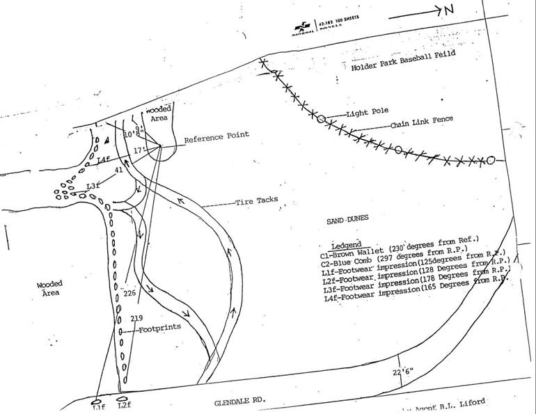 This diagram shows a trail of footprints at Holden Park. The trail is missing from the diagram shown in court. 