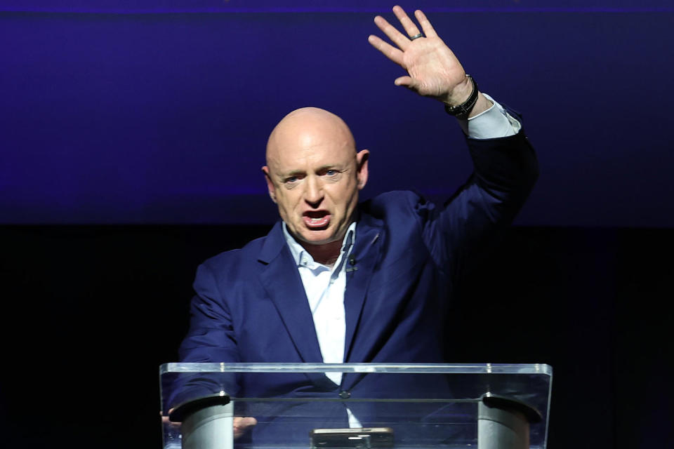  Sen. Mark Kelly, D-Ariz., delivers remarks to supporters (Kevin Dietsch / Getty Images file)