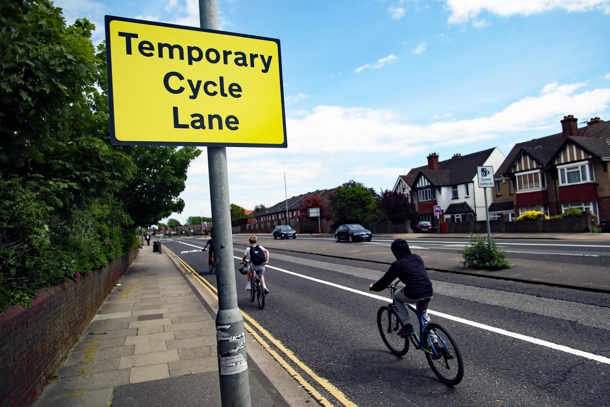 A general view of the UK's first Covid cycle lane on a dual carriageway in Hove, near Brighton, as the UK continues in lockdown to curb the spread of Coronavirus during the pandemic.