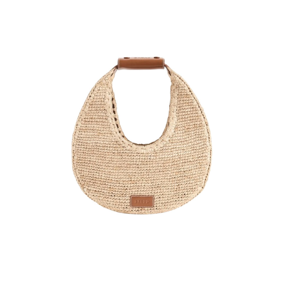 Staud Moon Raffia Tote Bag on white background