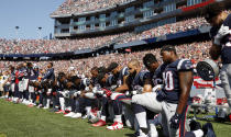 <p>Several New England Patriots players kneel during the national anthem before an NFL football game against the Houston Texans, Sunday, Sept. 24, 2017, in Foxborough, Mass. (AP Photo/Michael Dwyer) </p>