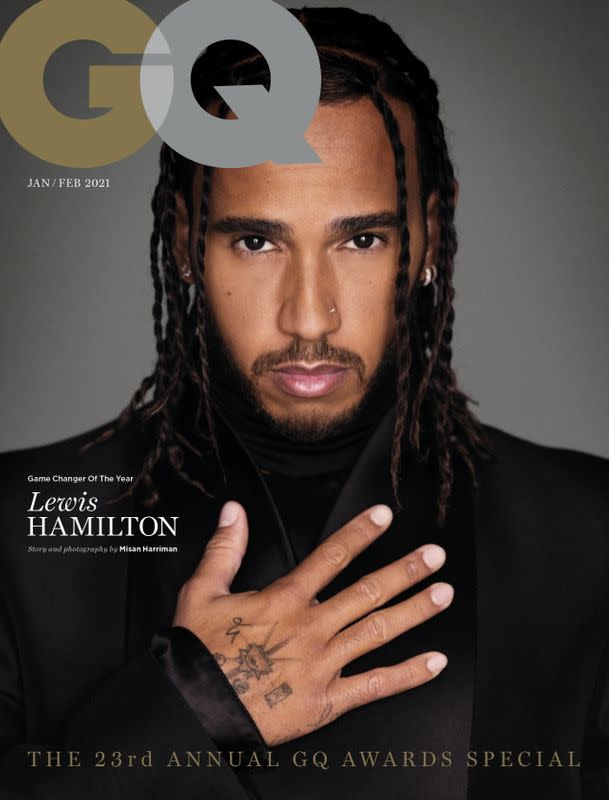 Lewis Hamilton, winner of the GQ's Game Changer Award poses for a GQ January/February 2021 issue cover