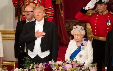 US President Donald Trump and Queen Elizabeth II during the State Banquet at Buckingham Palace - Credit: Dominic Lipinski/PA