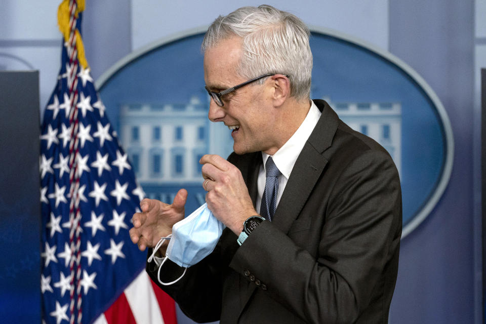 FILE - In this March 4, 2021 file photo, Veterans Affairs Secretary Denis McDonough appears during a press briefing at the White House in Washington. The Department of Veterans Affairs on Monday became the first major federal agency to require health care workers to get COVID-19 vaccines. The decision comes as the aggressive delta variant spreads and some communities report troubling increases in hospitalizations among unvaccinated people. (AP Photo/Andrew Harnik)