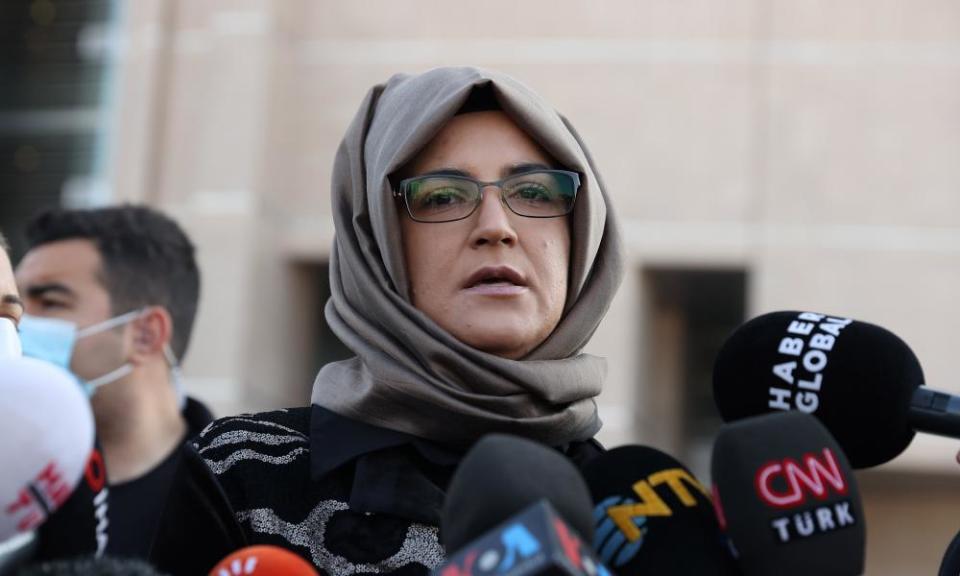 Hatice Cengi, Jamal Khashoggi’s fiancee and plaintiff, speaks to reporters after the trial of 26 Saudi nationals in Istanbul.