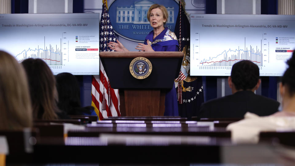 Dr. Deborah Birx, White House coronavirus response coordinator, speaks with reporters about the coronavirus in the James Brady Briefing Room of the White House, Friday, May 22, 2020, in Washington. (AP Photo/Alex Brandon)