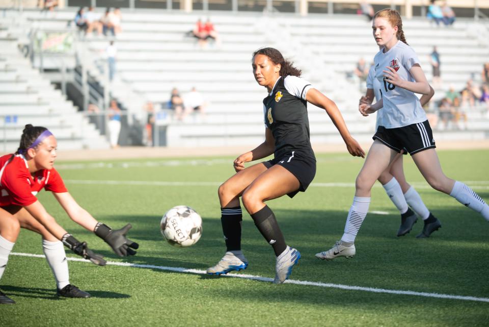 Topeka High senior Talayah Thomas (8) drives for a shot on Wichita Heights during Tuesday's 6A regional tournament at Hummer Sports Park.