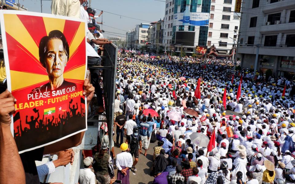 Demonstrators protest against a military coup in Mandalay, Feb 22, 2021 - Reuters