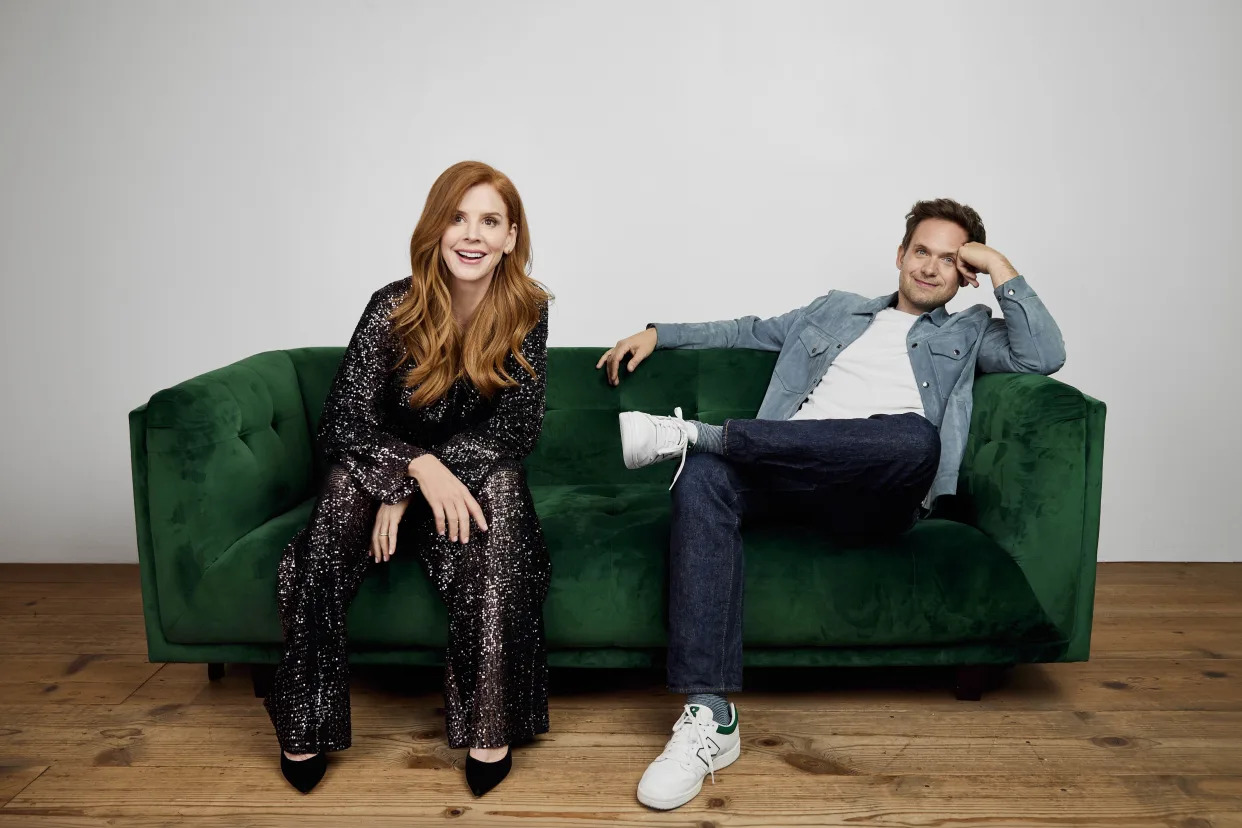 'Suits' stars Patrick J. Adams and Sarah Rafferty say they'd never actually watched the series. Now they're revisiting it with their 'Sidebar' podcast.