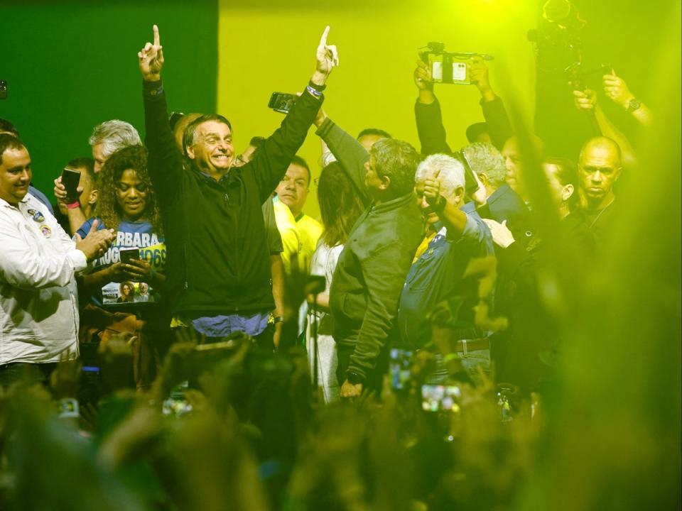 Jair Bolsonaro at a campaign rally in Santos on Wednesday (Reuters)