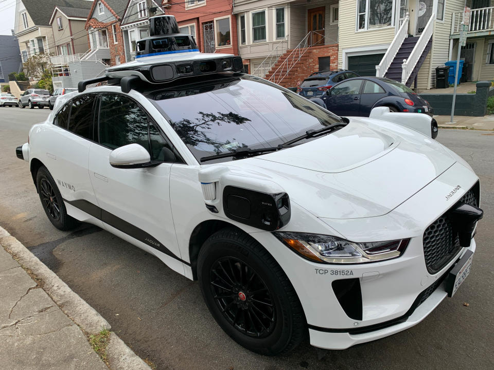 A Waymo self-driving car parked on a street in San Francisco on May 1, 2023.