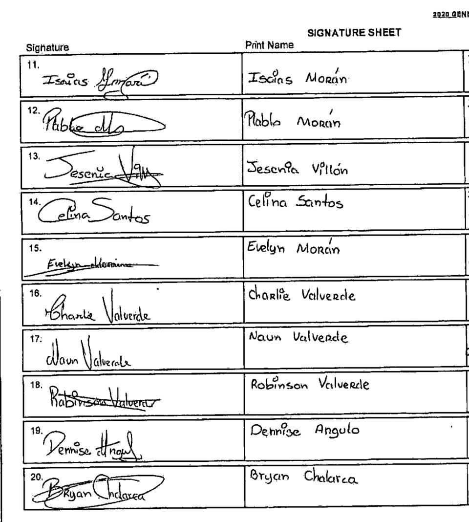 This frame grab made on Wednesday, July 29, 2020, of a New Jersey Division of Elections nominating petition shows signatures submitted by Kanye West to appear on New Jersey's ballot as a presidential candidate. The document was provided by election law attorney Scott Salomon who filed an objection with the state Division of Elections after reviewing the more than 1,300 signatures West submitted. Salmon says says he counted more than 600 that were in some way defective. The petition shows that a number of signatures appear written by the same hand. (Scott Salmon via AP)