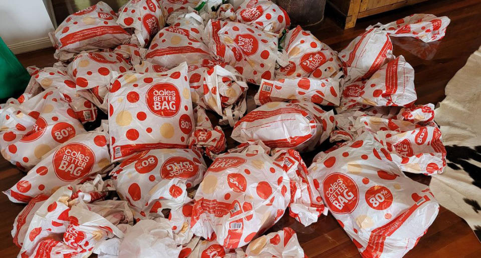 The Coles customer's 500-bag collection.  